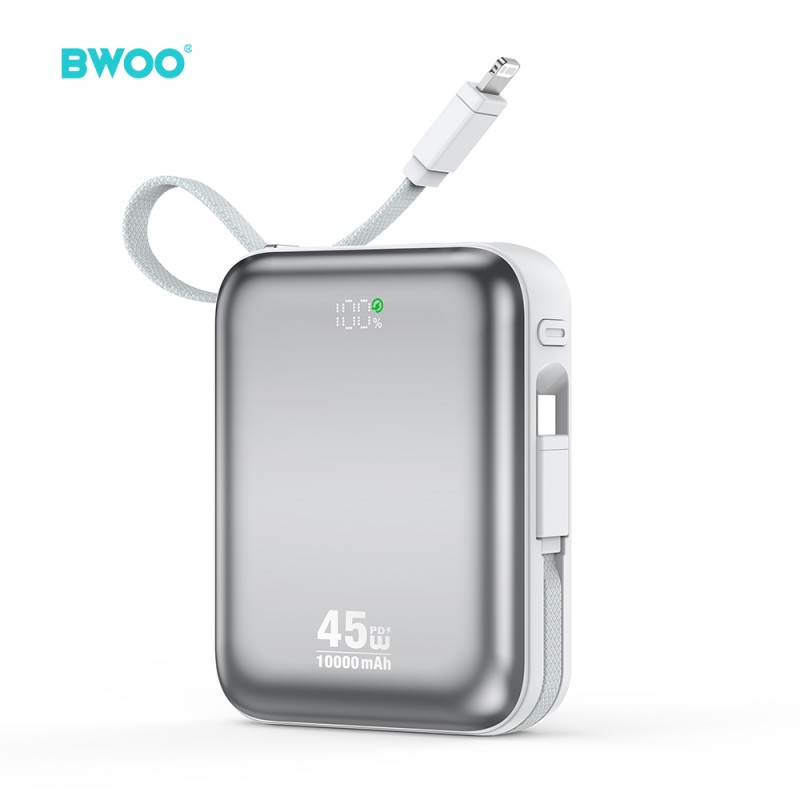 BWOO Power bank P77 45W, 10000 mAh z 2 kablami usb-c i lightning, szary