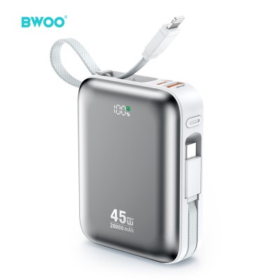 BWOO P78 power bank 20000mAh бързо зареждане PD45W с 2 кабела USB-C и Lightning сребрист