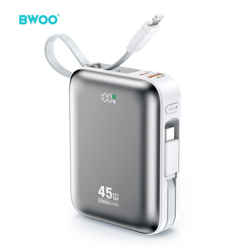 BWOO P78 power bank 20000mAh бързо зареждане PD45W с 2 кабела USB-C и Lightning сребрист