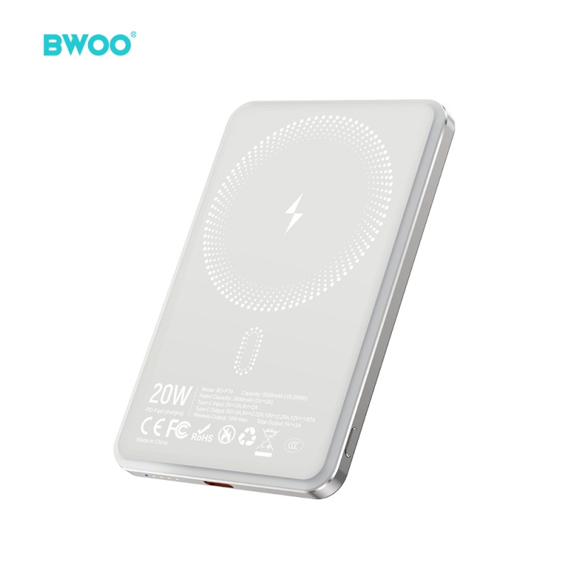 BWOO P79 ултратънък power bank 20W 5000mAh с магнитно зареждане светлосив