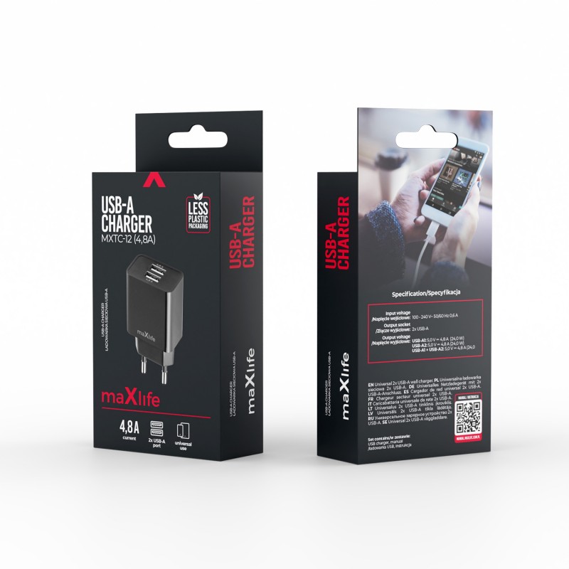 Maxlife MXTC-12 мрежово зарядно 2x USB 4.8A черно