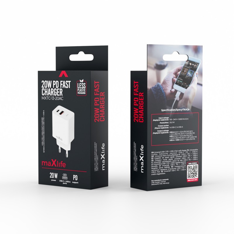 Maxlife PD QC MXTC-13-20AC мрежово зарядно устройство 1x USB-C 1x USB 20W бяло