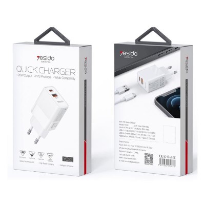 Yesido YC32 PD 20W QC3.0 USB-A+C стенно зарядно, БЯЛО