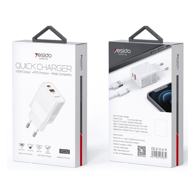 Yesido YC32 PD 20W QC3.0 USB-A+C стенно зарядно, БЯЛО