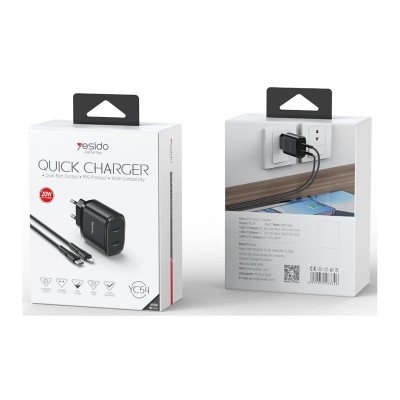 Yesido YC54 PD 20W QC 2xUSB-C мрежово зарядно + 27W Type-C кабел - Lightning 1m, ЧЕРЕН / ЧЕРЕН