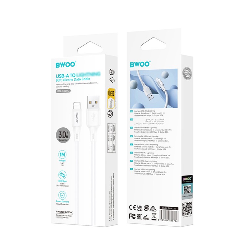 BWOO силиконов кабел 3A X329L usb - lightning 3A 1m бял