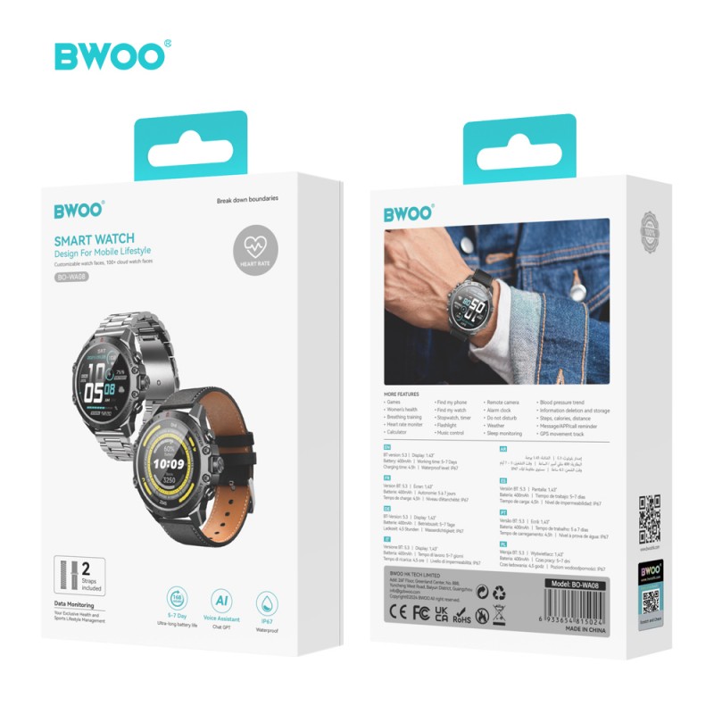 BWOO смарт часовник WA-08 1,43” AMOLED черен