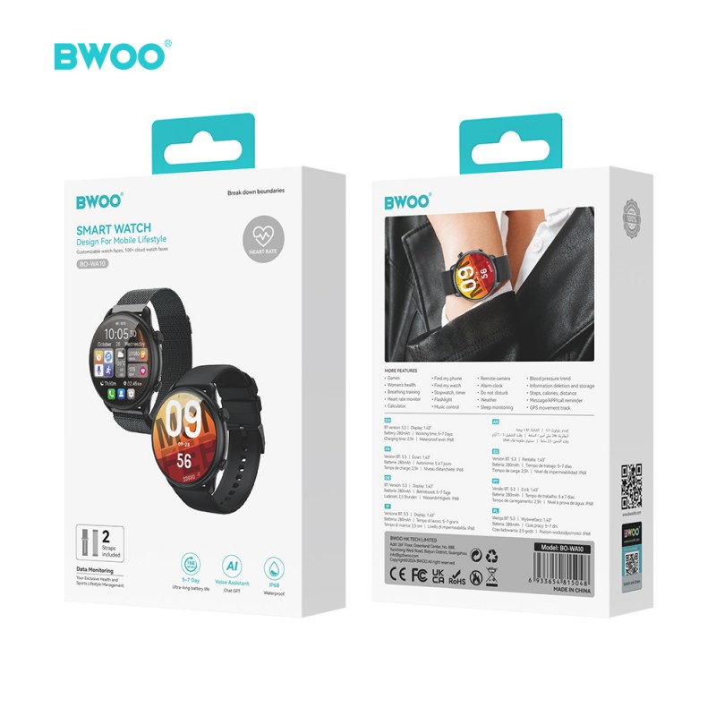 BWOO смарт часовник WA-10 1,32” AMOLED черен