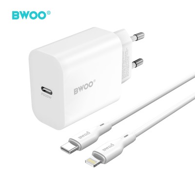 BWOO мрежово зарядно CDA233 PD 20W 1x USB-C бяло + кабел USB-C - Lightning