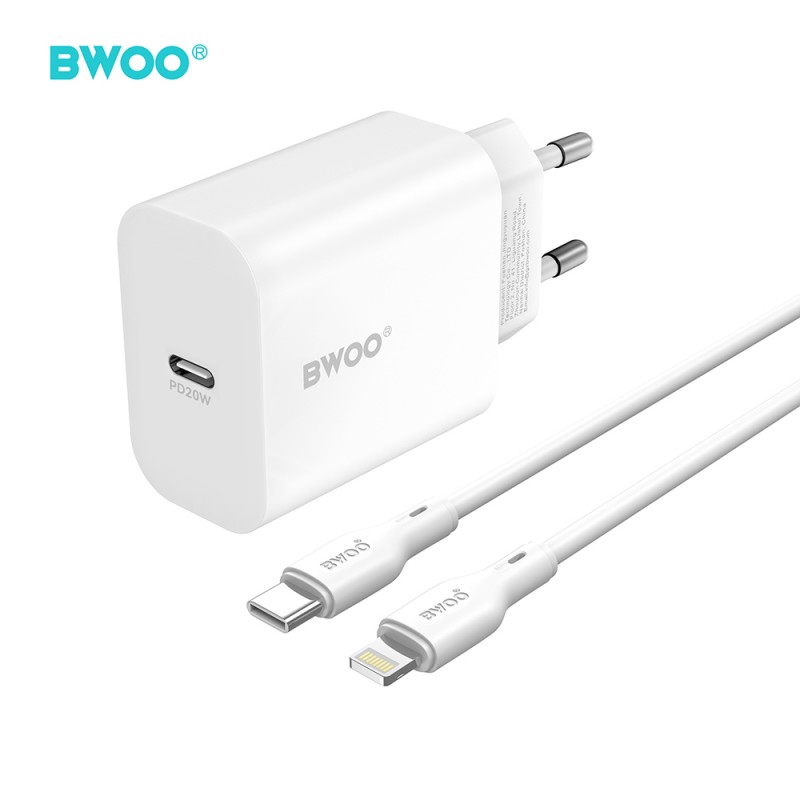 BWOO мрежово зарядно CDA233 PD 20W 1x USB-C бяло + кабел USB-C - Lightning