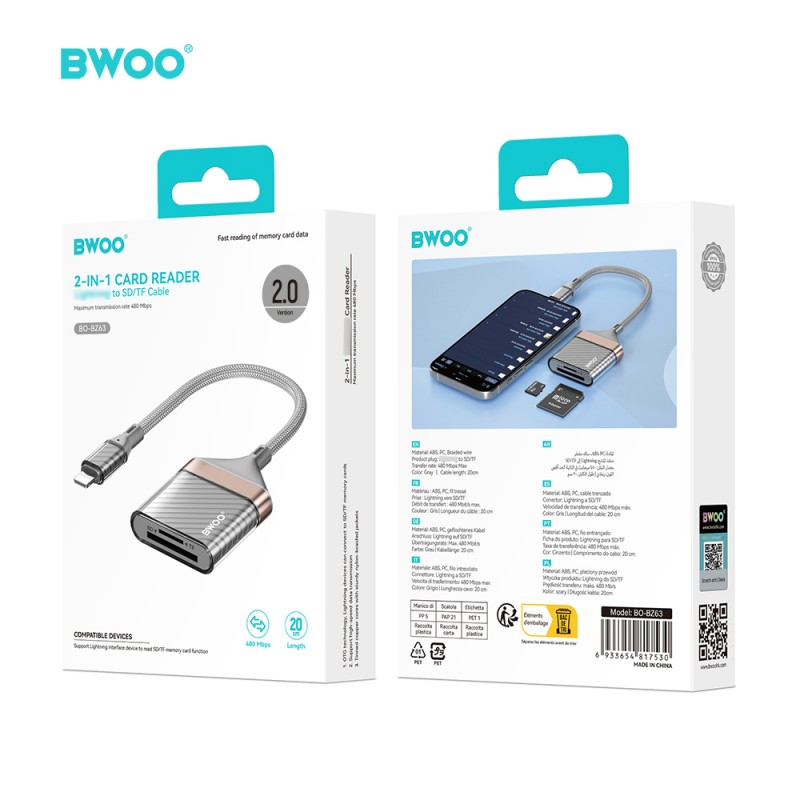 BWOO BZ63 адаптер Lightning - SD/TF карта, сив
