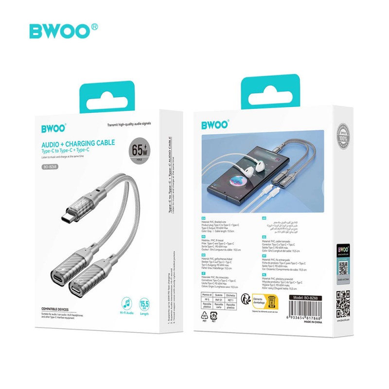 BWOO BZ68 адаптер 2 в 1 USB-C - 2x USB-C, сив