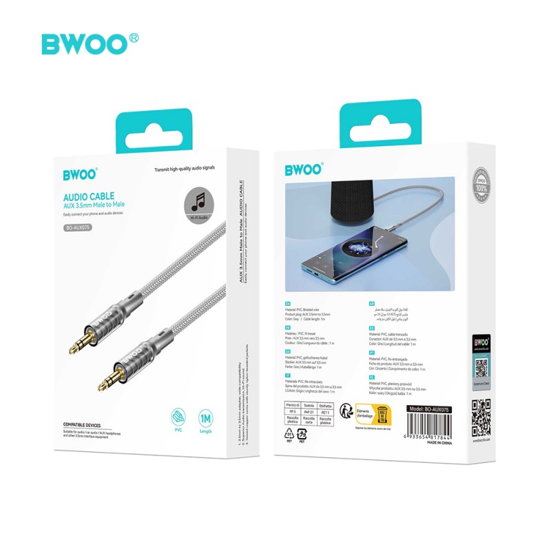 BWOO AUX075 кабел AUX jack 3.5mm - jack 3.5mm audio сив