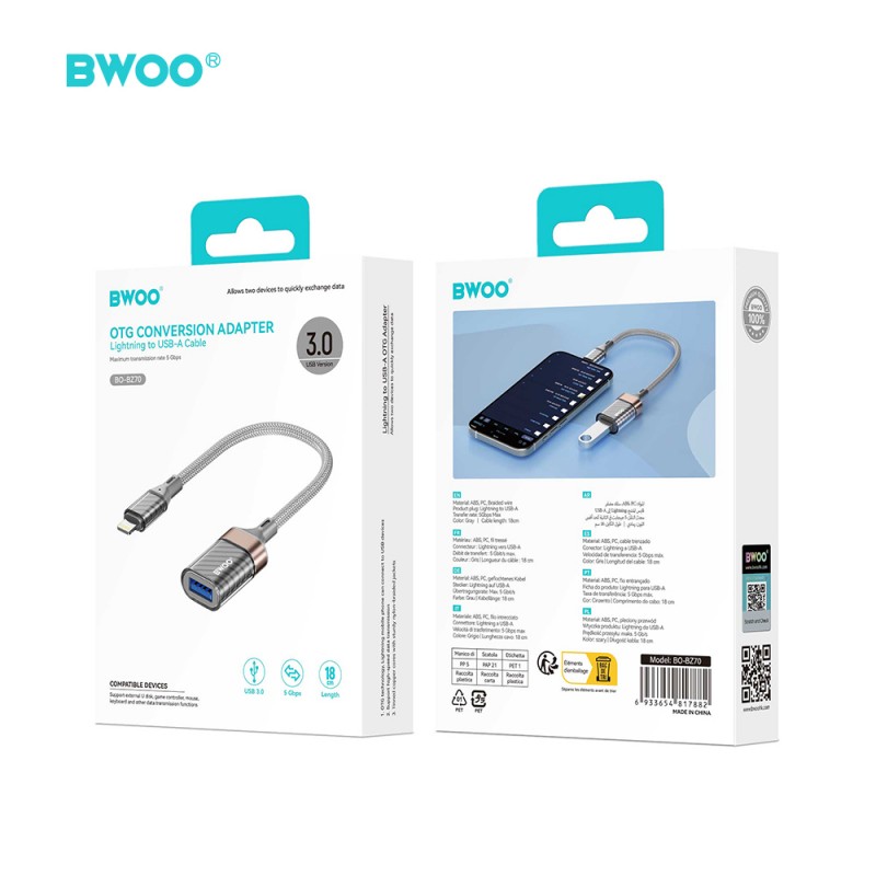 BWOO BZ70 адаптер Lightning - USB сив