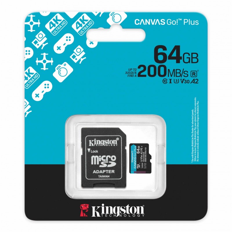 Карта памет Kingston 64GB microSDXC Canvas Go Plus Gen4 200MB/s A2 U3 V30 Card + Adapter
