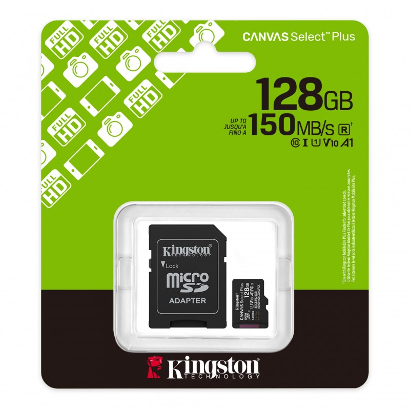 Kingston карта памет 128GB microSDXC Canvas Select Plus Gen3 150MB/s A1 Card + Adapter