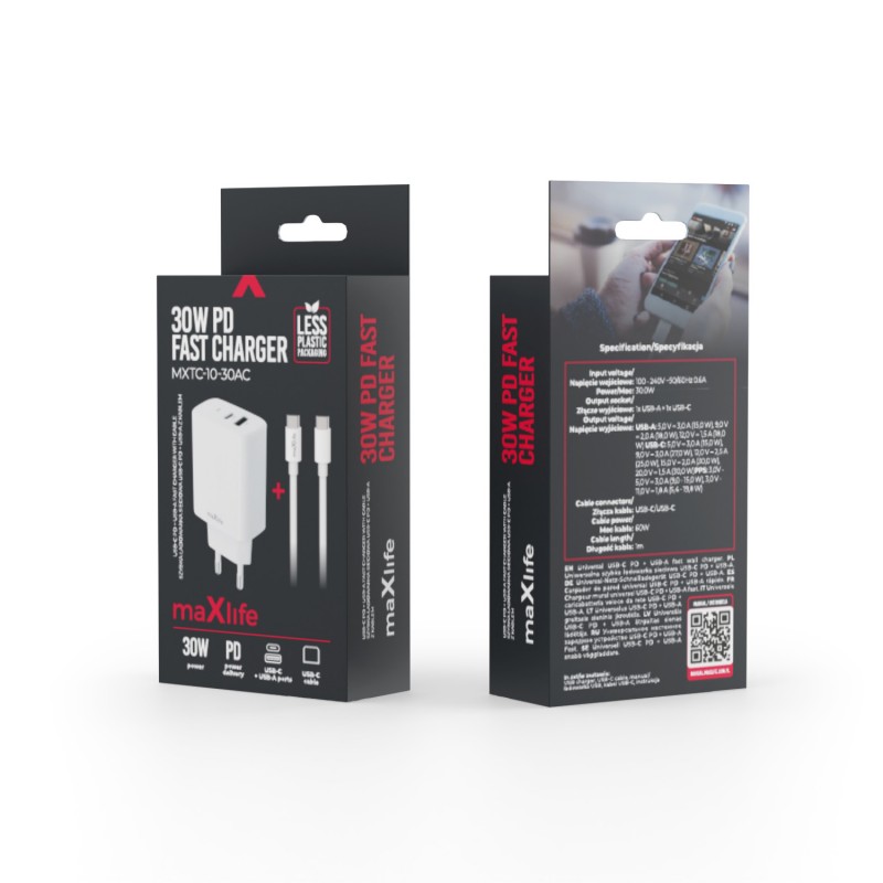 Maxlife PD QC MXTC-10-30AC захранващо зарядно 1x USB-C 1x USB 30W бяло + USB-C - USB-C 60W кабел