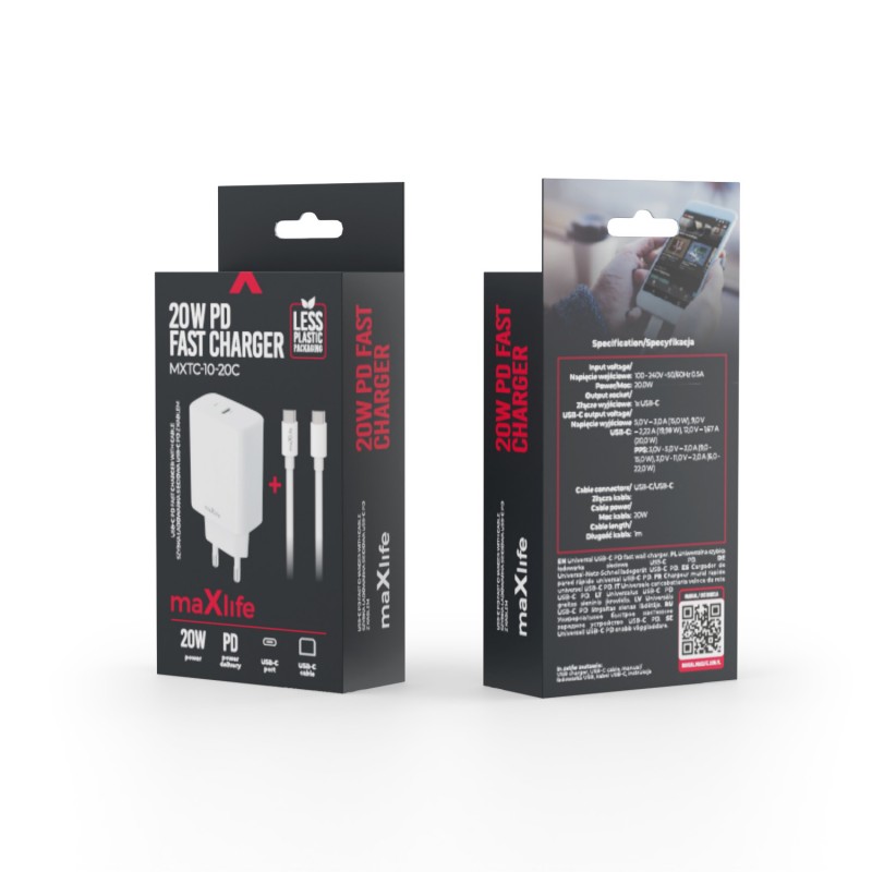 Maxlife мрежово зарядно PD QC MXTC-10-20C 1x USB-C 20W бяло + кабел USB-C - USB-C 20W