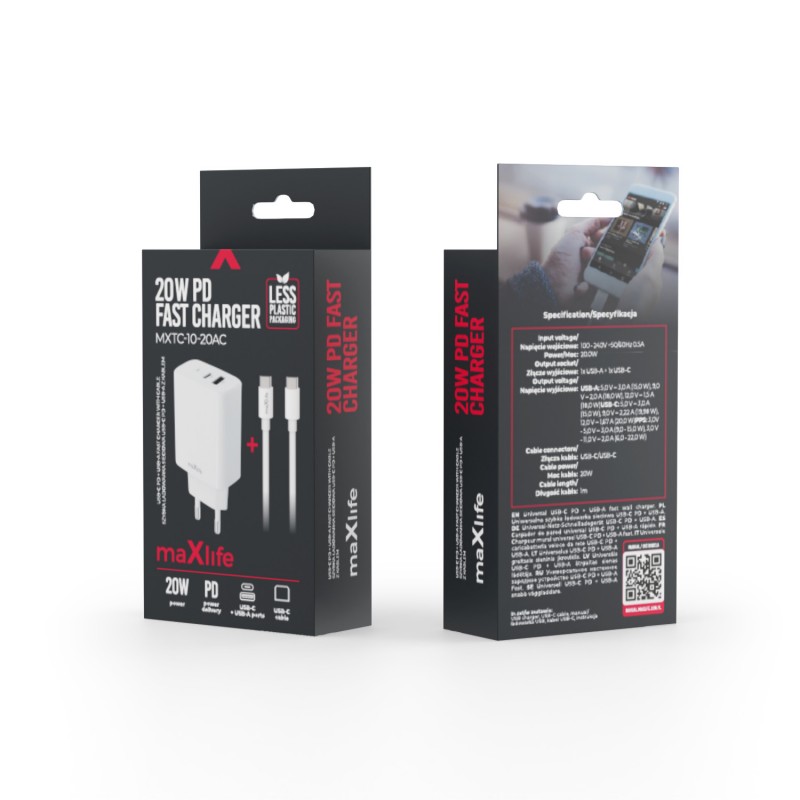 Maxlife PD QC MXTC-10-20AC захранващо зарядно устройство 1x USB-C 1x USB 20W бял + USB-C - USB-C 20W кабел