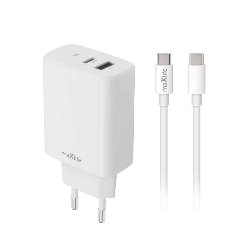 Maxlife PD QC MXTC-10-30AC захранващо зарядно 1x USB-C 1x USB 30W бяло + USB-C - USB-C 60W кабел