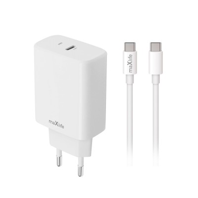 Maxlife мрежово зарядно PD QC MXTC-10-20C 1x USB-C 20W бяло + кабел USB-C - USB-C 20W