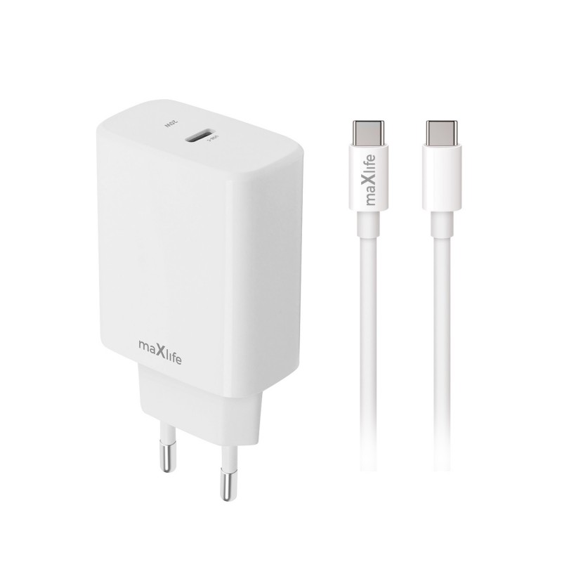 Maxlife мрежово зарядно PD QC MXTC-10-20C 1x USB-C 20W бяло + кабел USB-C - USB-C 20W