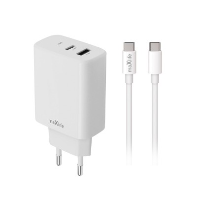 Maxlife PD QC MXTC-10-20AC захранващо зарядно устройство 1x USB-C 1x USB 20W бял + USB-C - USB-C 20W кабел