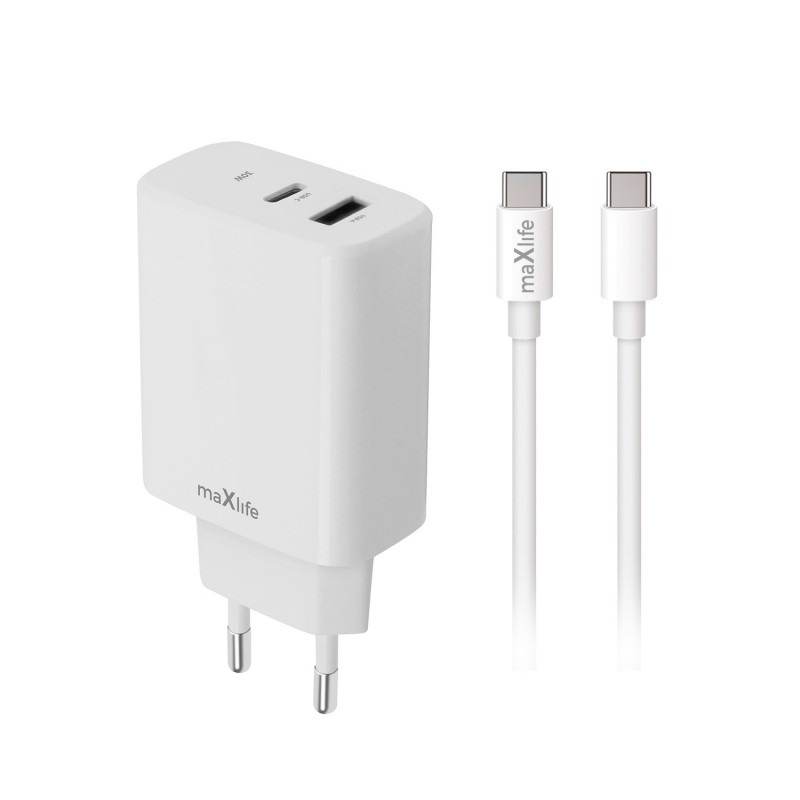 Maxlife PD QC MXTC-10-20AC захранващо зарядно устройство 1x USB-C 1x USB 20W бял + USB-C - USB-C 20W кабел