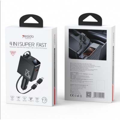 Yesido автомобилно зарядно Y71 125W Fast Charging 4в1 LED + кабел 65W C+iP, ЧЕРНО