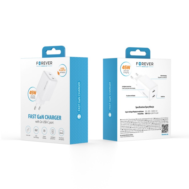 Forever ładowarka sieciowa GaN PD TC-08-45CC 2x USB-C 45W biała