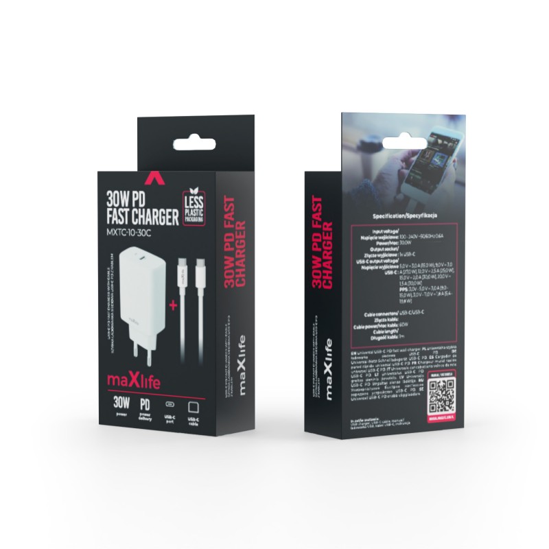 Maxlife PD QC MXTC-10-30C мрежово зарядно 1x USB-C 30W бял + USB-C - USB-C 60W кабел