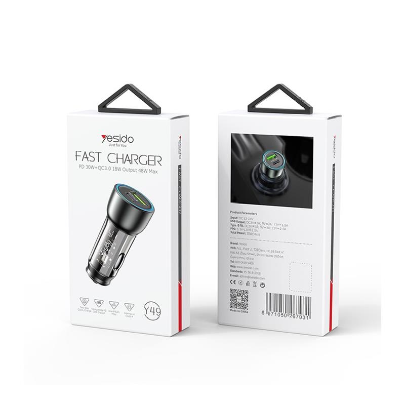 Yesido автомобилно зарядно Y49 PD 30W + QC3.0 18W USB-A+C, ЧЕРНО