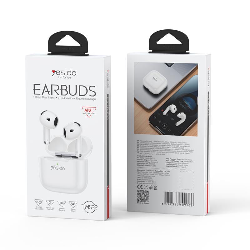 Yesido TWS32 (ANC) Слушалки Bluetooth 5.4 300mAh, БЕЛИ