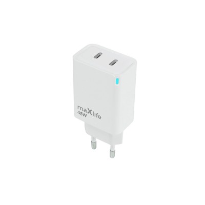 Maxlife GaN PD QC мрежово зарядно устройство MXTC-09-45CC 2x USB-C 45W бяло