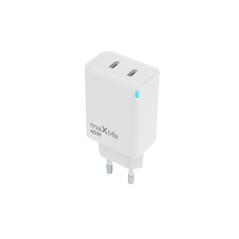 Maxlife GaN PD QC мрежово зарядно устройство MXTC-09-45CC 2x USB-C 45W бяло