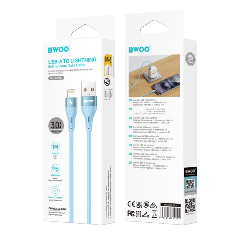 BWOO кабел USB - Lightning 1m 3A Minimalist Silicone син X280L