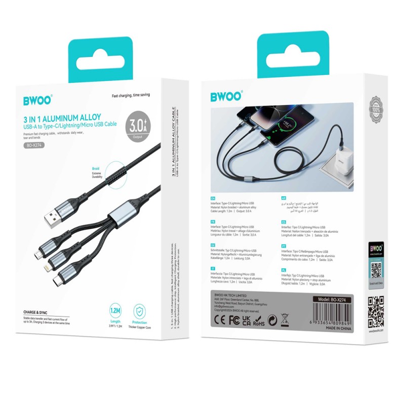 BWOO кабел 3в1 USB - USB-C, Lightning, Micro USB 1m 3A X274 черен
