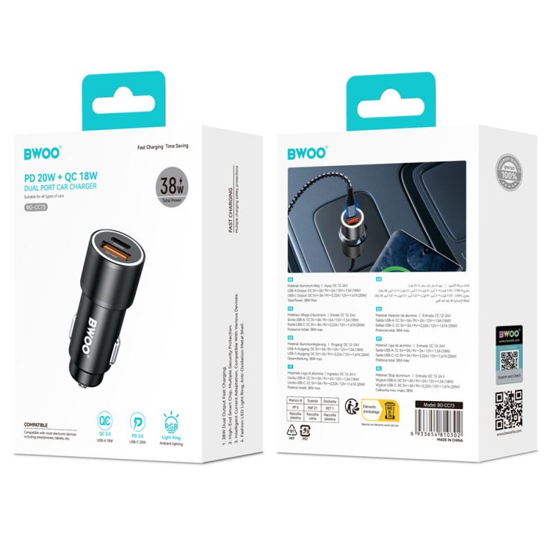 Зарядно за автомобил BWOO PD BO-CC73 1x USB-C 1x USB 38W сребристо