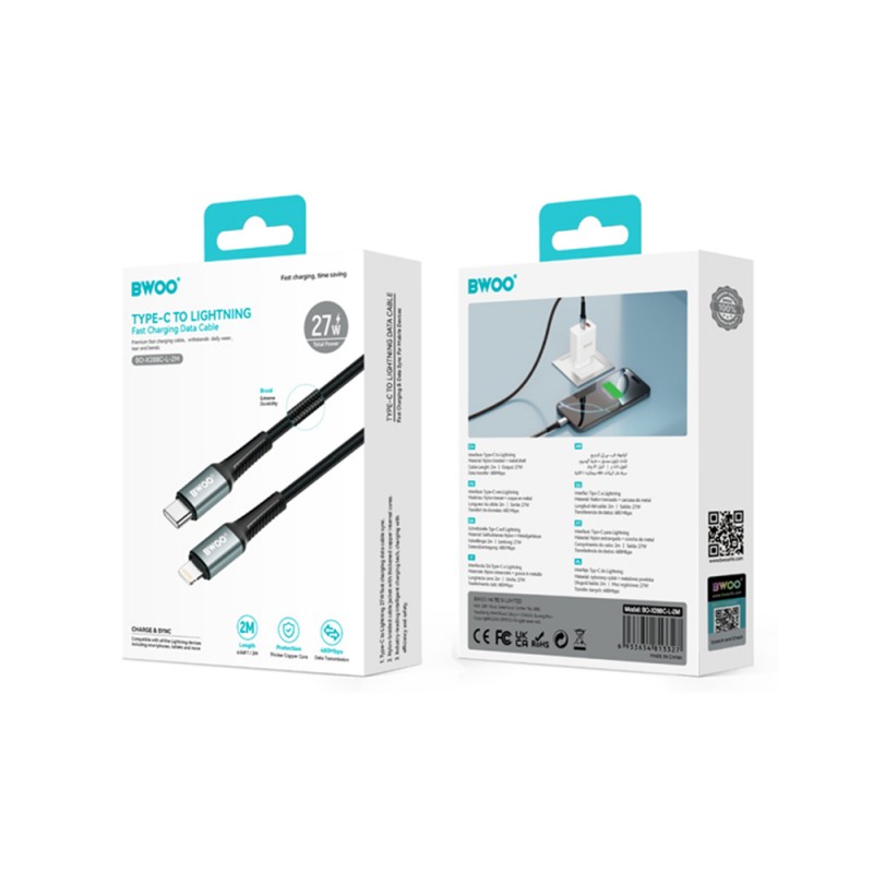 BWOO плетен кабел USB-C - Lightning 2m 30W черен