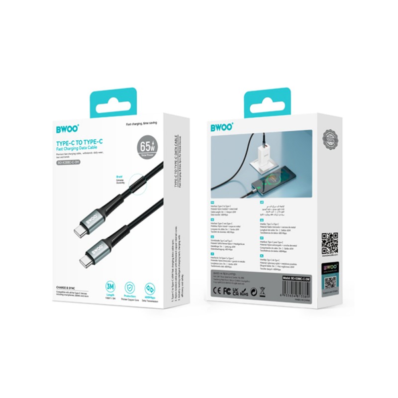 BWOO плетен кабел USB-C - USB-C 3m 60W черен