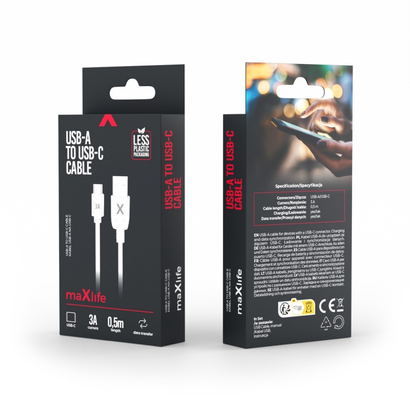 Maxlife USB - USB-C кабел 0.5 m 3A бял