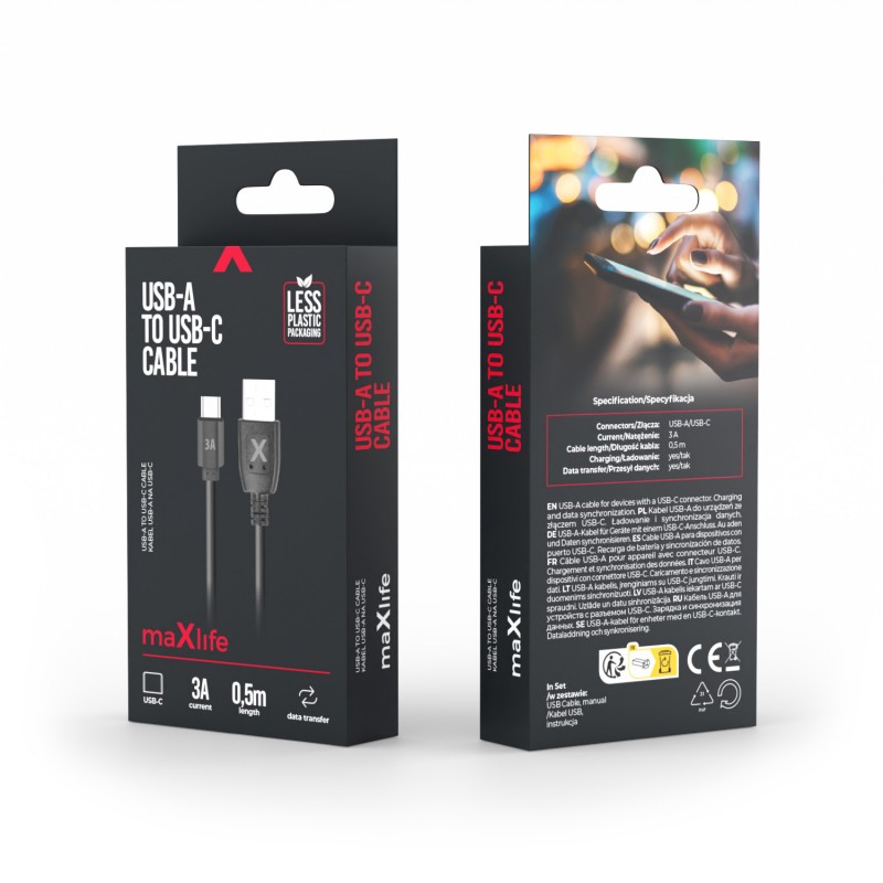 Maxlife USB - USB-C кабел 0.5 m 3A черен