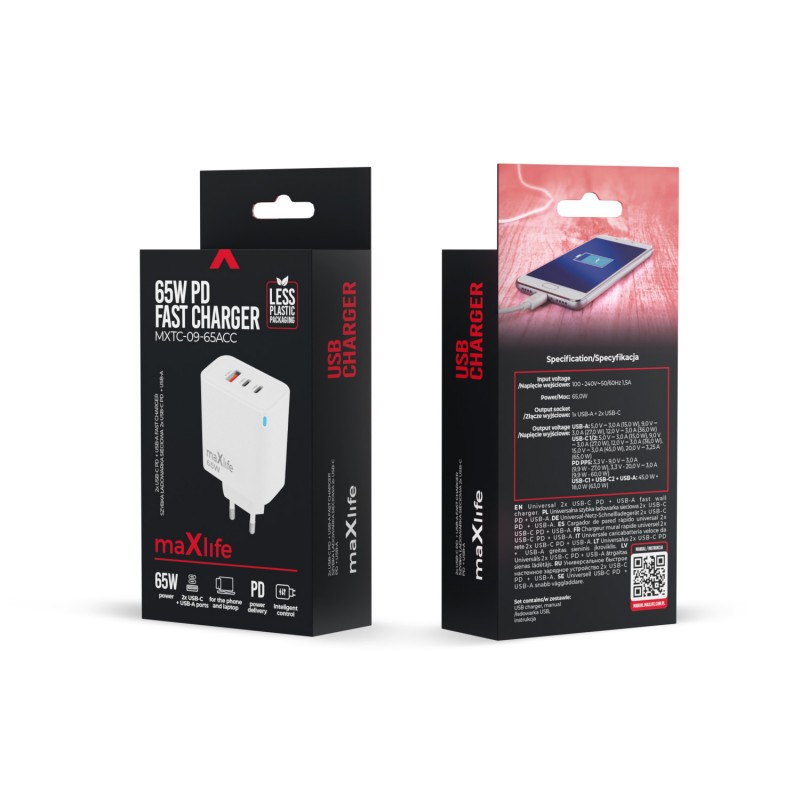 Maxlife GaN PD QC стенно зарядно устройство MXTC-09-65ACC 2x USB-C 1x USB 65W бяло
