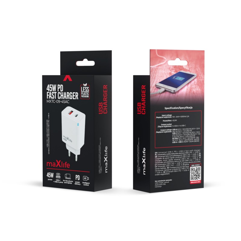 Maxlife GaN PD QC стенно зарядно MXTC-09-45AC 1x USB-C 1x USB 45W бяло