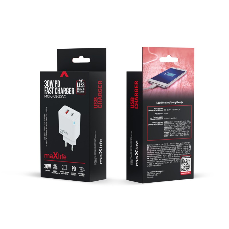 Maxlife GaN PD QC стенно зарядно устройство MXTC-09-30AC 1x USB-C 1x USB 30W бяло