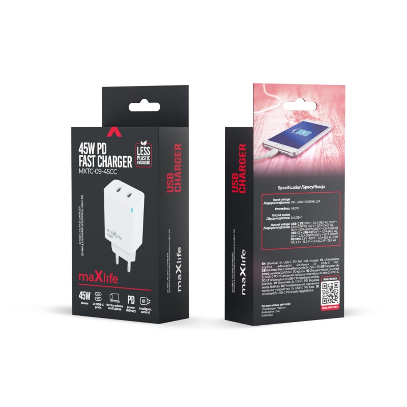 Maxlife GaN PD QC мрежово зарядно устройство MXTC-09-45CC 2x USB-C 45W бяло