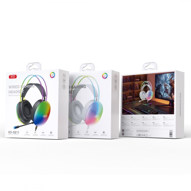 XO кабелни слушалки GE11 jack 3,5mm - USB-A наушни бели RGB микрофон