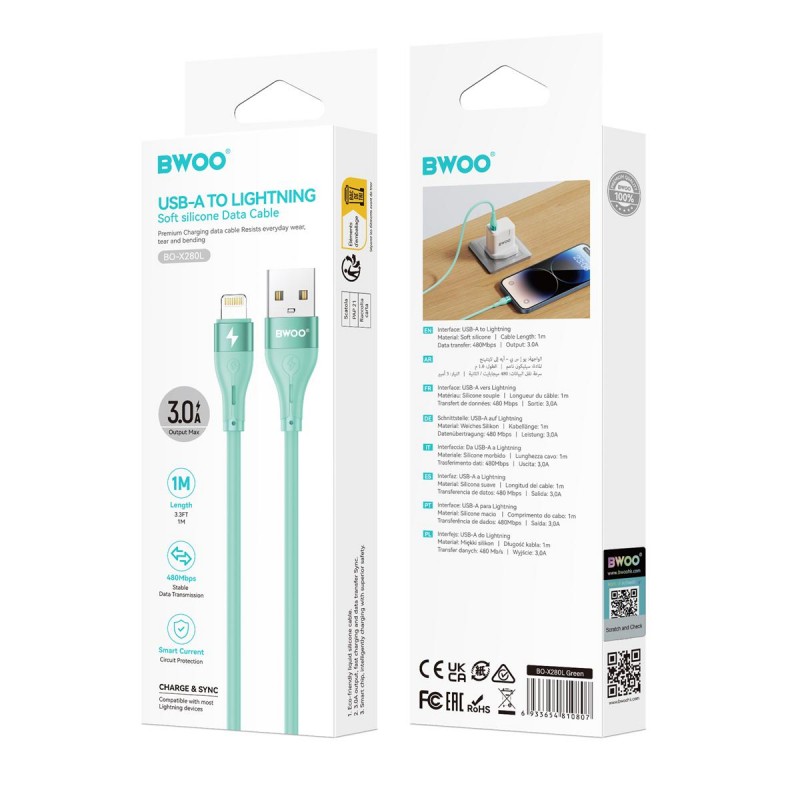 BWOO кабел X280L Minimalist Silicone 3A USB-A към Lightning зелен