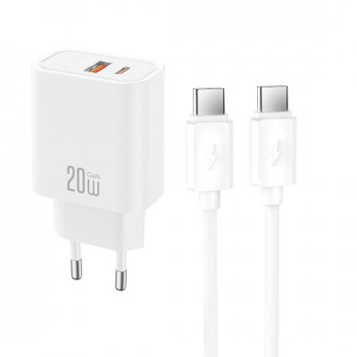 XO мрежово зарядно CE40 PD 20W 1x USB-C 1x USB бяло + кабел USB-C - USB-C