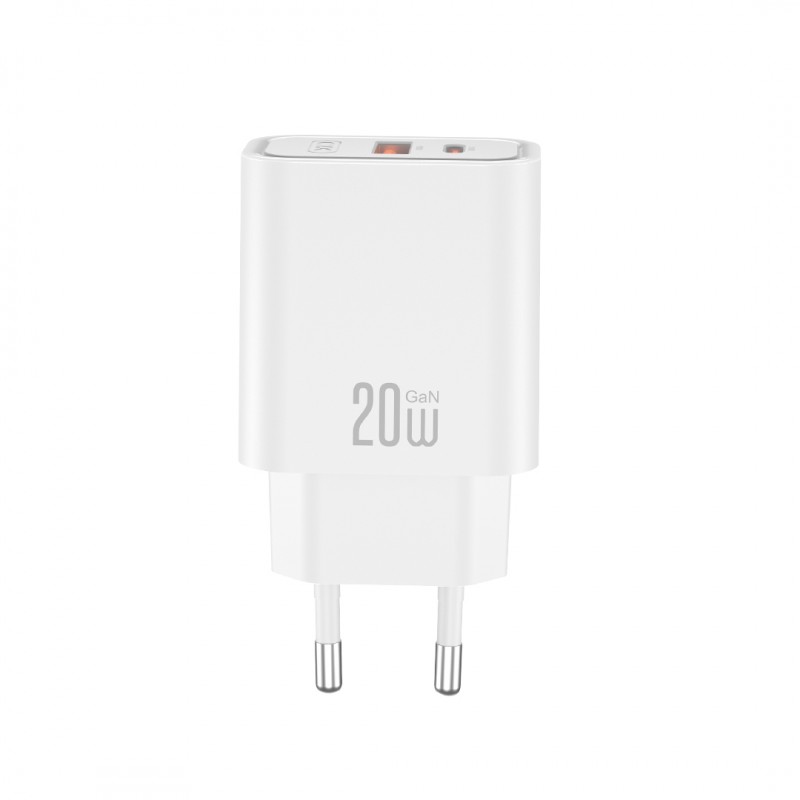 XO мрежово зарядно CE40 PD 20W 1x USB-C 1x USB бяло + кабел USB-C - USB-C